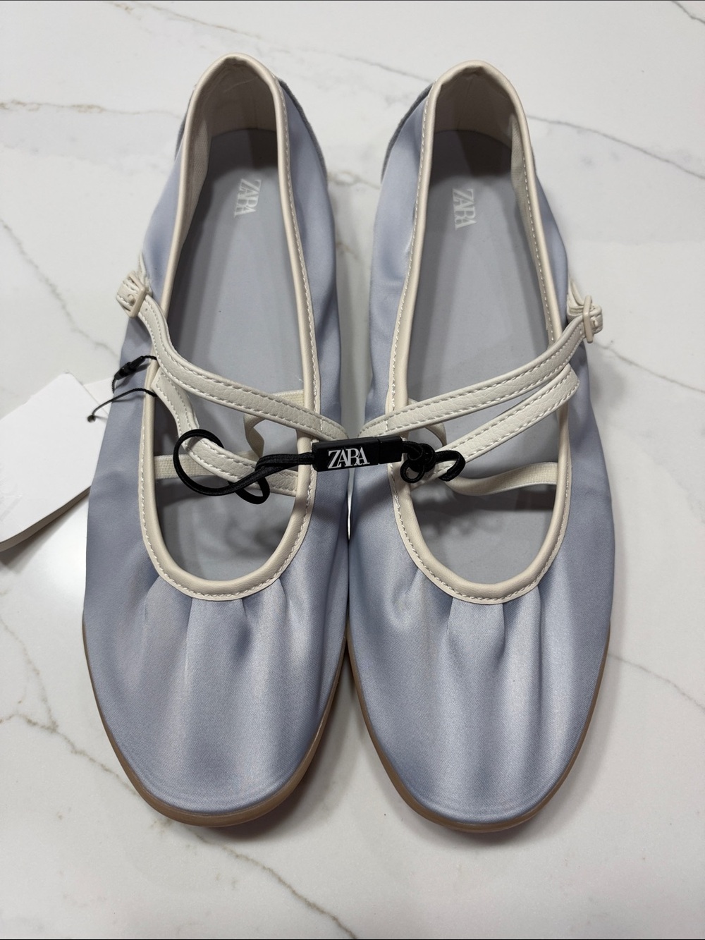 ZARA Light Blue Satin Mary Jane Flats with Cream Trim and Strap